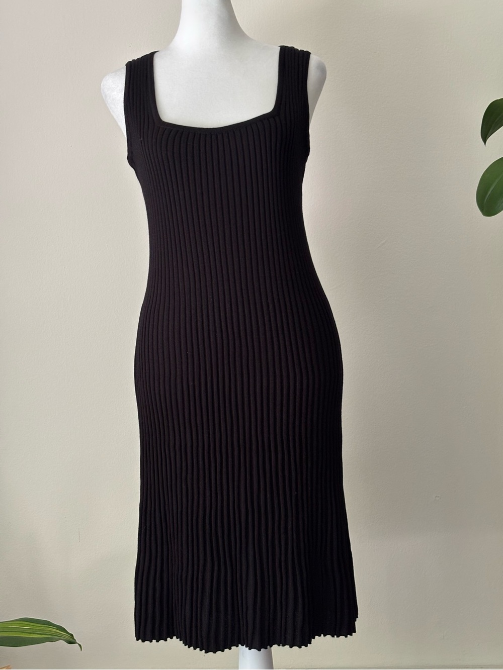 Taylor Black Ribbed Square-Neck Midi Dress Minimalist